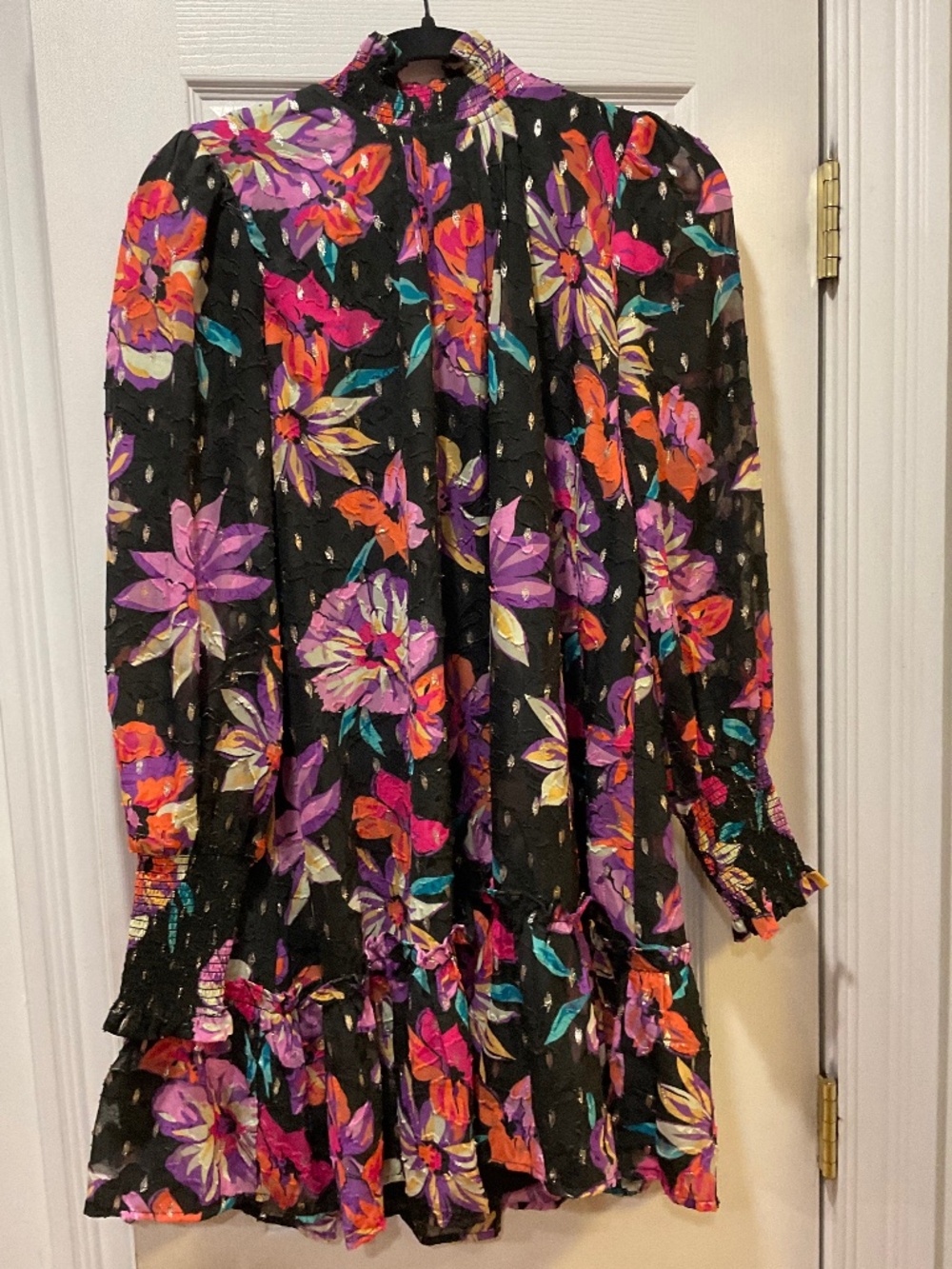 Fate Black Multicolor Floral Metallic Ruffle Mini Dress Size: S Pre Owned